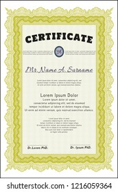 Yellow Certificate. Good design. Detailed. With guilloche pattern and background. 