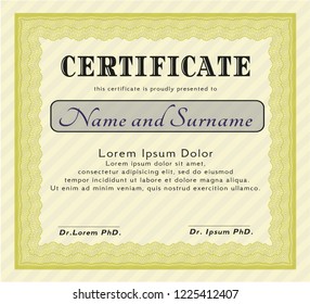 Yellow Certificate. With great quality guilloche pattern. Vector illustration. Beauty design. 