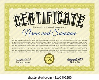 Yellow Certificate. With guilloche pattern and background. Superior design. Detailed. 