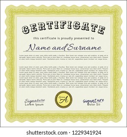 Yellow Certificate. With guilloche pattern and background. Good design. Vector illustration. 