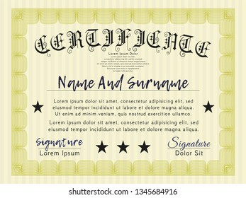 Yellow Certificate. With guilloche pattern and background. Vector illustration. Perfect design. 
