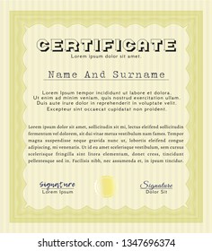 Yellow Certificate. With guilloche pattern and background. Lovely design. Detailed. 