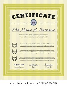 Yellow Certificate. With guilloche pattern and background. Vector illustration. Beauty design. 