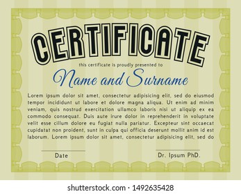 Yellow Certificate. With guilloche pattern and background. Money style design. Vector illustration. 