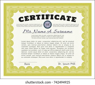Yellow Certificate. With guilloche pattern and background. Detailed. Money Pattern. 