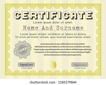 Yellow Certificate. With guilloche pattern. Vector illustration. Good design. 