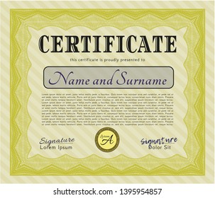 Yellow Certificate. With guilloche pattern. Vector illustration. Modern design. 