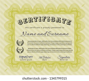 Yellow Certificate. With linear background. Cordial design. Vector illustration. 