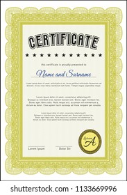 Yellow Certificate. With linear background. Detailed. Money style design. 