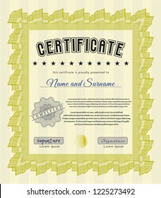 Yellow Certificate. With linear background. Detailed. Money Pattern design. 