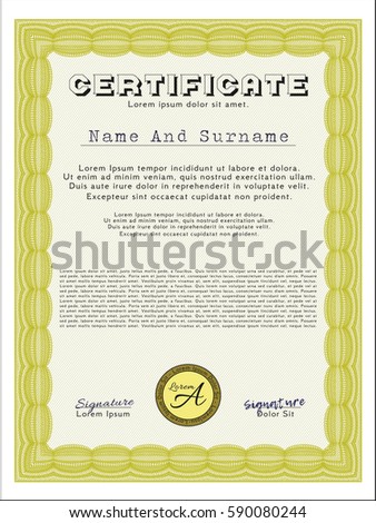 Yellow Certificate. With linear background. Excellent design. Vector illustration. 