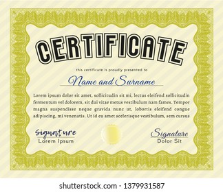 Yellow Certificate. With linear background. Money Pattern. Detailed. 