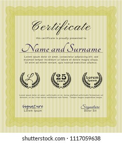 Yellow Certificate. With linear background. Vector illustration. Money Pattern design. 