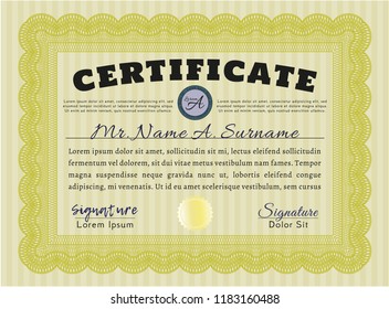 Yellow Certificate. Lovely design. Detailed. With complex linear background. 