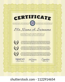 Yellow Certificate. Lovely design. With guilloche pattern. Customizable, Easy to edit and change colors. 