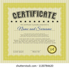 Yellow Certificate. Money style design. With linear background. Vector illustration. 