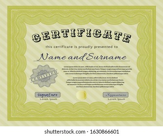 Yellow Certificate. Printer friendly. Cordial design. Vector illustration. 