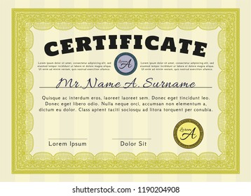 Yellow Certificate. With quality background. Detailed. Perfect design. 