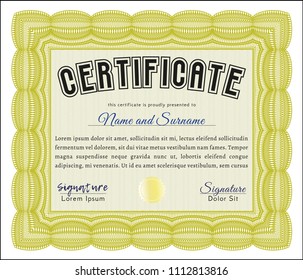  Yellow Certificate. Retro design. Vector illustration. With guilloche pattern. 