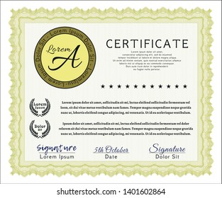 Yellow Certificate template. Artistry design. Detailed. With great quality guilloche pattern. 