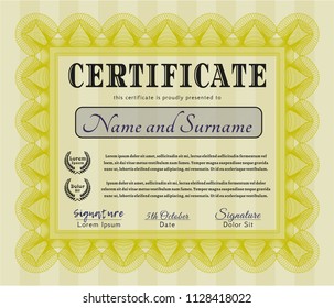 Yellow Certificate template. With background. Money Pattern. Vector illustration. 