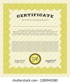 Yellow Certificate template. Beauty design. With background. Detailed. 