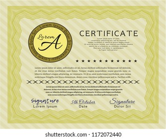 Yellow Certificate template. With complex background. Modern design. Detailed. 