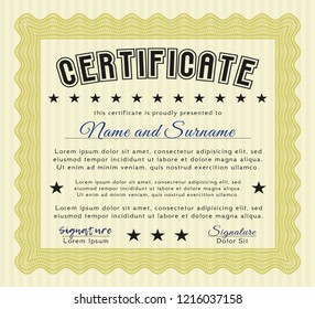 Yellow Certificate template. Complex background. Good design. Detailed. 