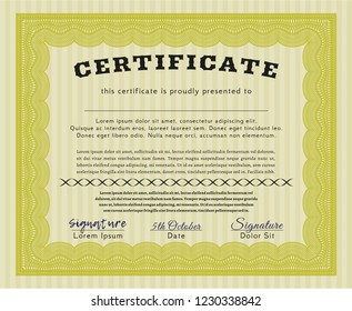 Yellow Certificate template. With complex background. Lovely design. Detailed. 