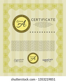 Yellow Certificate template. Complex background. Artistry design. Detailed. 