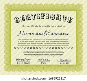 Yellow Certificate template. Complex background. Nice design. Detailed. 