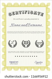 Yellow Certificate template. With complex linear background. Modern design. Detailed. 