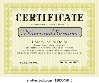 Yellow Certificate template. With complex linear background. Modern design. Vector illustration. 