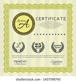 Yellow Certificate template. Cordial design. Vector illustration. With complex background. 