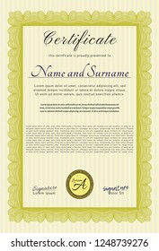 Yellow Certificate template. Customizable, Easy to edit and change colors. With complex background. Perfect design. 