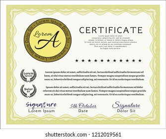Yellow Certificate template. Detailed. With complex linear background. Elegant design. 