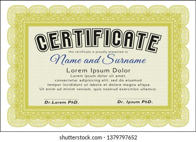 Yellow Certificate template. Detailed. Complex background. Modern design. 