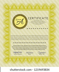 Yellow Certificate template. Detailed. With great quality guilloche pattern. Money style design. 