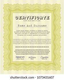 Yellow Certificate template. Detailed. With guilloche pattern and background. Retro design. 