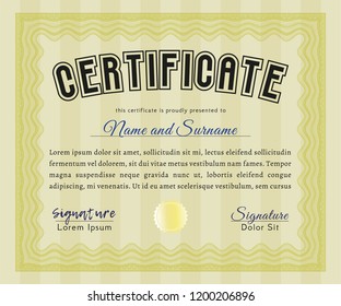 Yellow Certificate template. Detailed. With guilloche pattern. Money Pattern. 