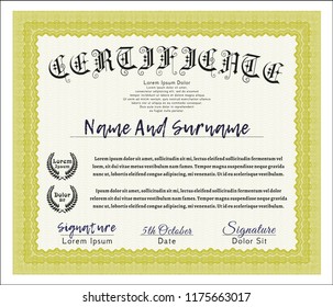 Yellow Certificate template or diploma template. Artistry design. Detailed. Printer friendly. 