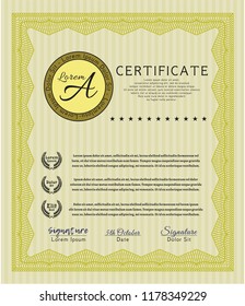 Yellow Certificate template or diploma template. Artistry design. Vector illustration. With complex background. 