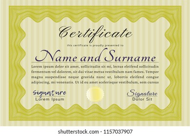 Yellow Certificate template or diploma template. With background. Superior design. Customizable, Easy to edit and change colors. 