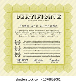 Yellow Certificate template or diploma template. With background. Detailed. Modern design. 