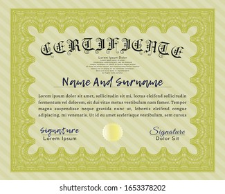 Yellow Certificate template or diploma template. With background. Artistry design. Vector illustration. 