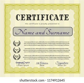 Yellow Certificate template or diploma template. With complex linear background. Money Pattern. Vector illustration. 