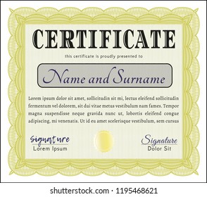 Yellow Certificate template or diploma template. With complex background. Lovely design. Vector illustration. 