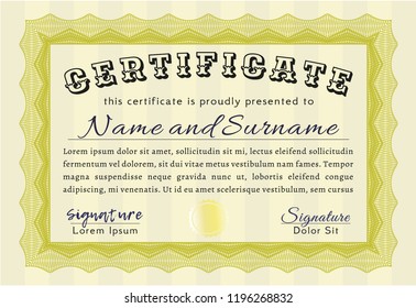 Yellow Certificate template or diploma template. Complex background. Money Pattern. Customizable, Easy to edit and change colors. 