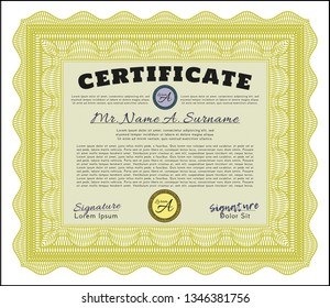 Yellow Certificate template or diploma template. With complex background. Detailed. Cordial design. 
