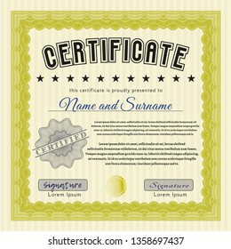 Yellow Certificate template or diploma template. Complex background. Detailed. Money Pattern design. 